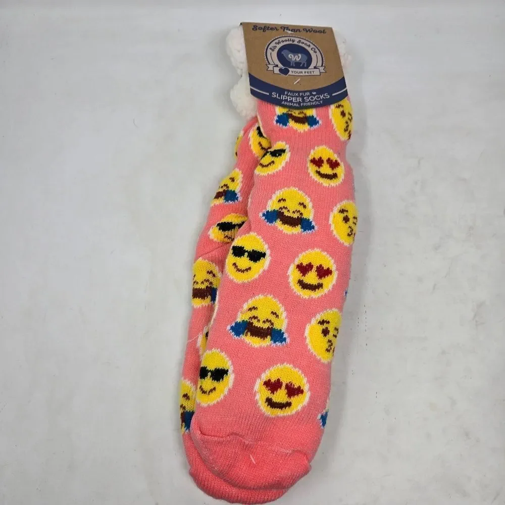 SIR WOLLY SOCK COMPANY Faux Fur Emoji‎ Patterned Pink Slipper Socks NWT